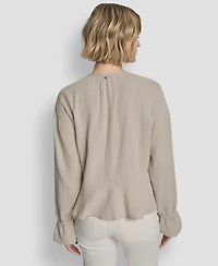 Dkny Jeans Women's Long-Sleeve Tie Neck Crop Top