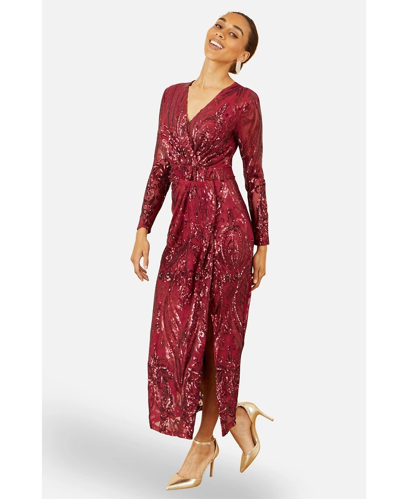 Yumi Women's Sequin Midi Long Sleeve Wrap Dress
