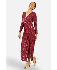 Yumi Women's Sequin Midi Long Sleeve Wrap Dress