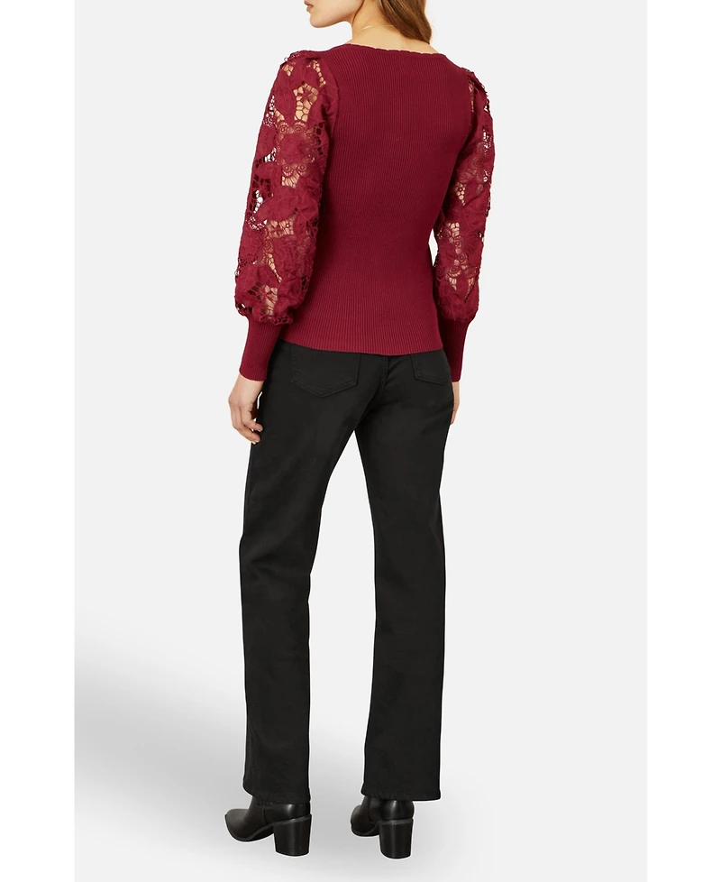 Yumi Women's Ribbed Knitted Lace Sleeve Top