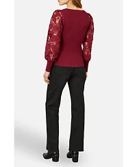 Yumi Women's Ribbed Knitted Lace Sleeve Top
