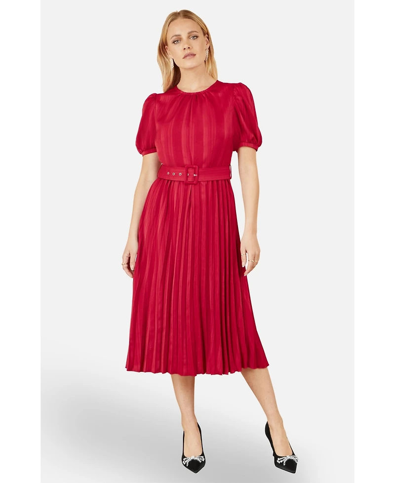 Yumi Women's Striped Satin Midi Dress Stylish Belted Partywear