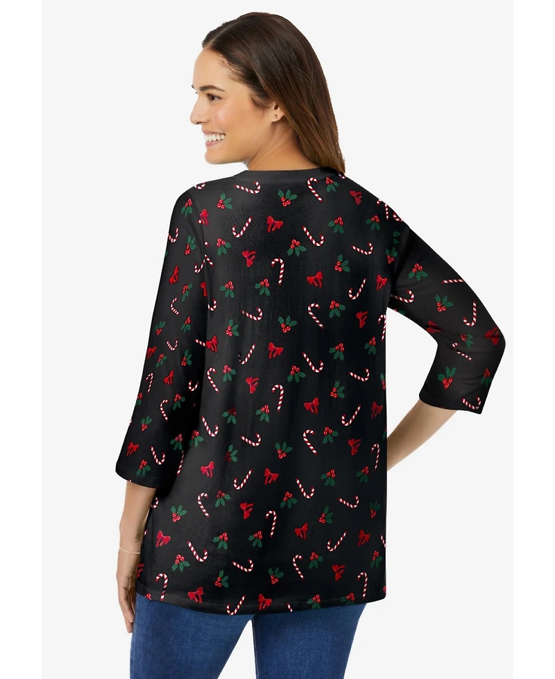 Woman Within Women's Perfect Printed Three-Quarter Sleeve V-Neck Tee