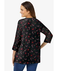 Woman Within Women's Perfect Printed Three-Quarter Sleeve V-Neck Tee