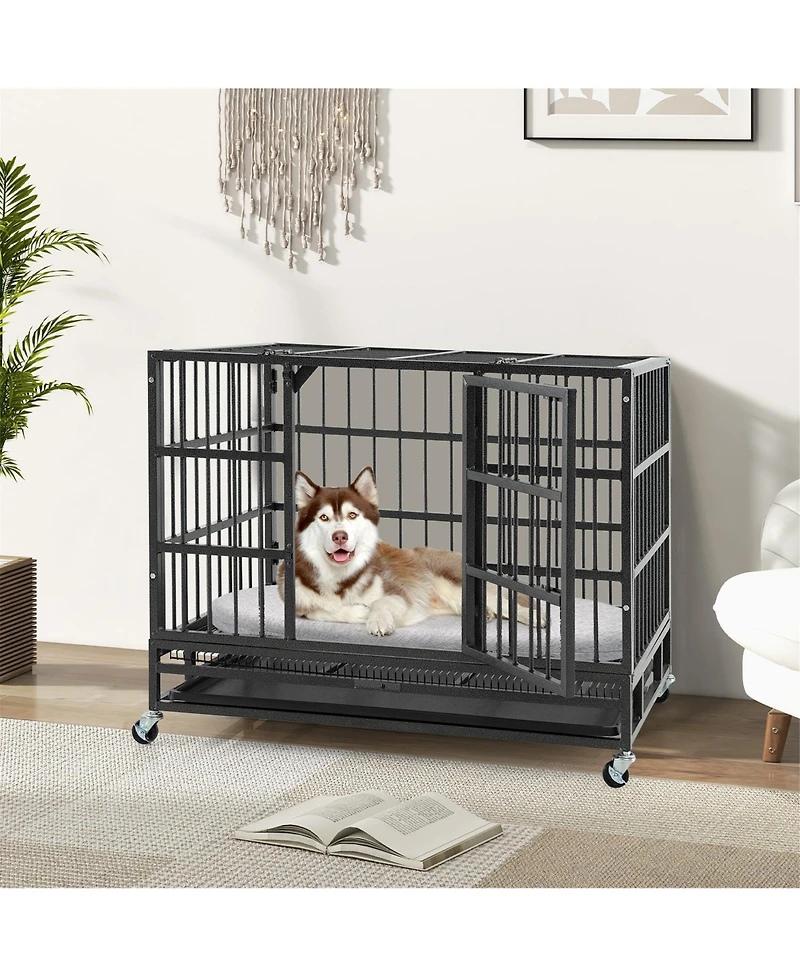 Gymax 38'' Foldable Heavy-Duty Metal Dog Cage W/ Lockable Rolling Casters
