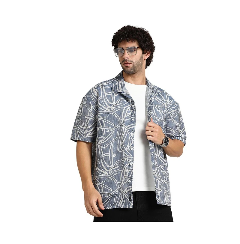 Campus Sutra Men's Steel Blue Vine-Lines Resort Oversized Shirt