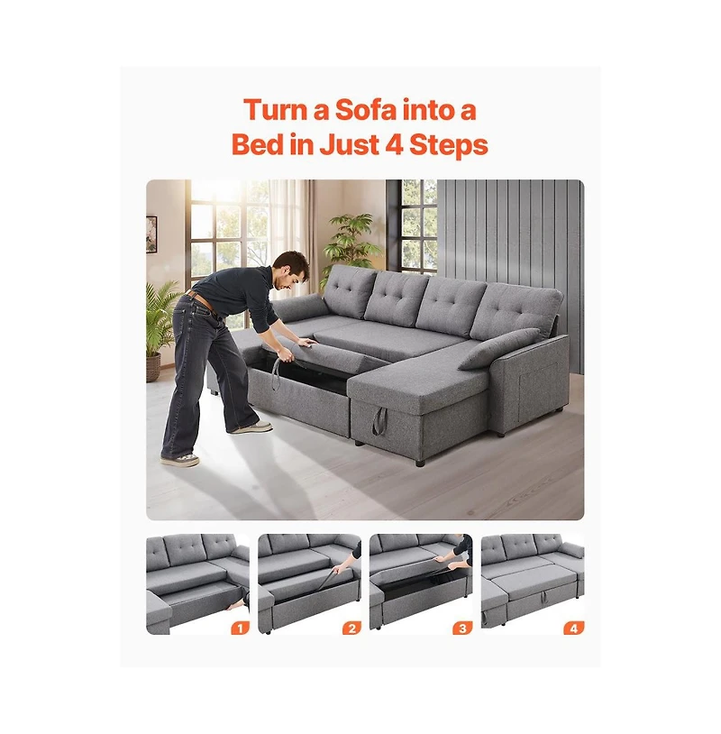 Slickblue U-Shaped Convertible Sofa Bed with Chaise and Pull-Out Sleeper