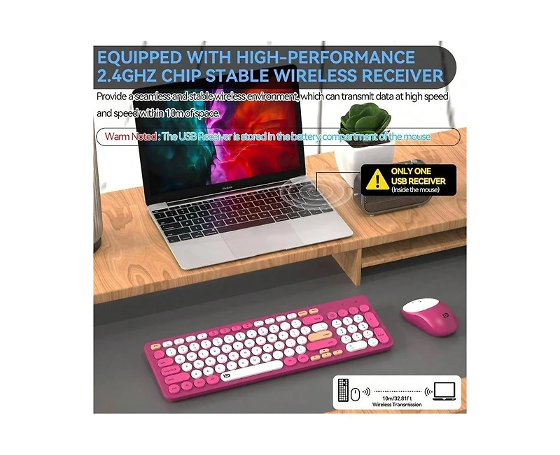Wireless Keyboard And Mouse Combo - 2.4GHz Cordless, Cute Round Keys, Quiet Slim Set for Laptop, Computer