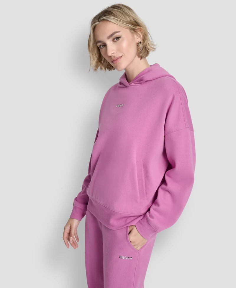 Dkny Women's Metallic Bubble Logo Drop Shoulder Pull-On Hoodie