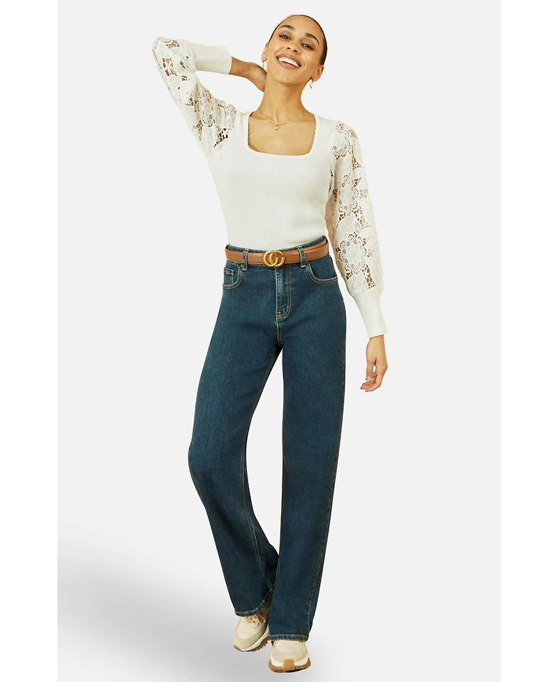 Yumi Women's Ribbed Knitted Lace Sleeve Top