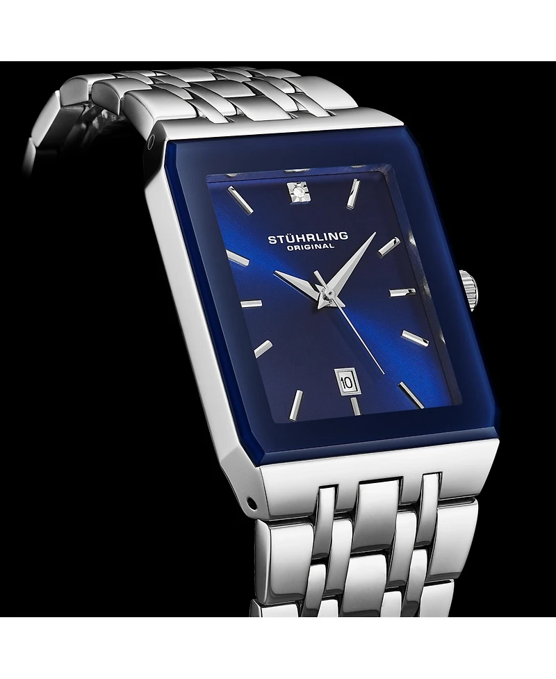 Stuhrling 4084 Modern Rectangular Bracelet Watch - Sunray Dial, Date Display, Slim Stainless Design