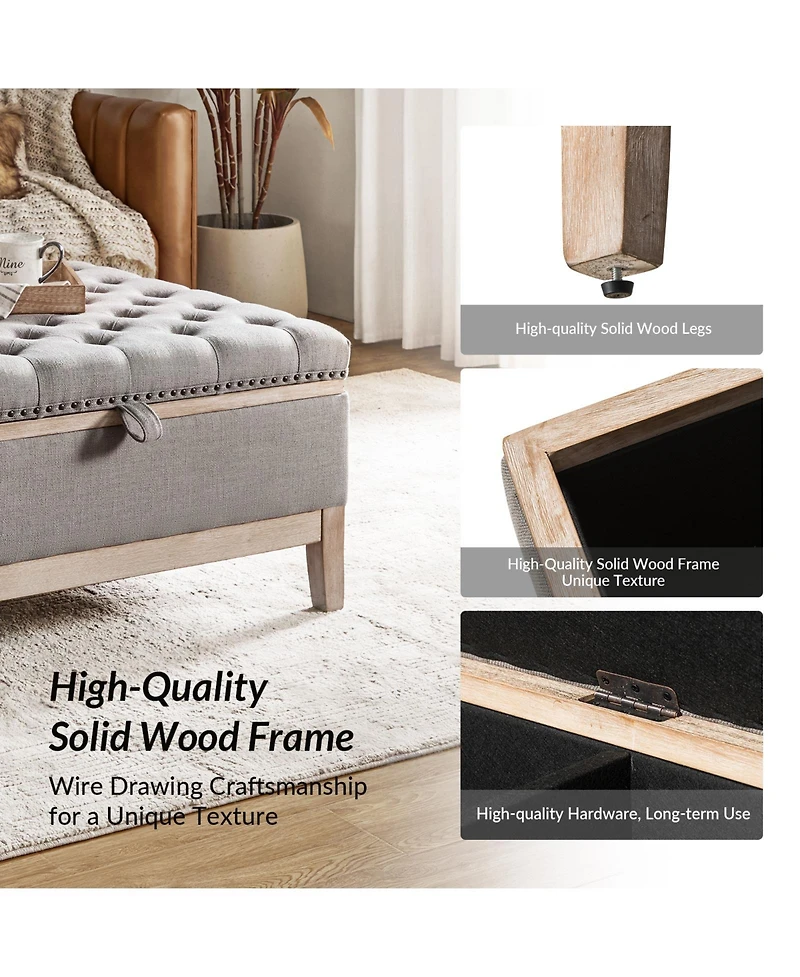Hannah Upholstered Storage Cocktail Ottoman with Solid Wood Legs
