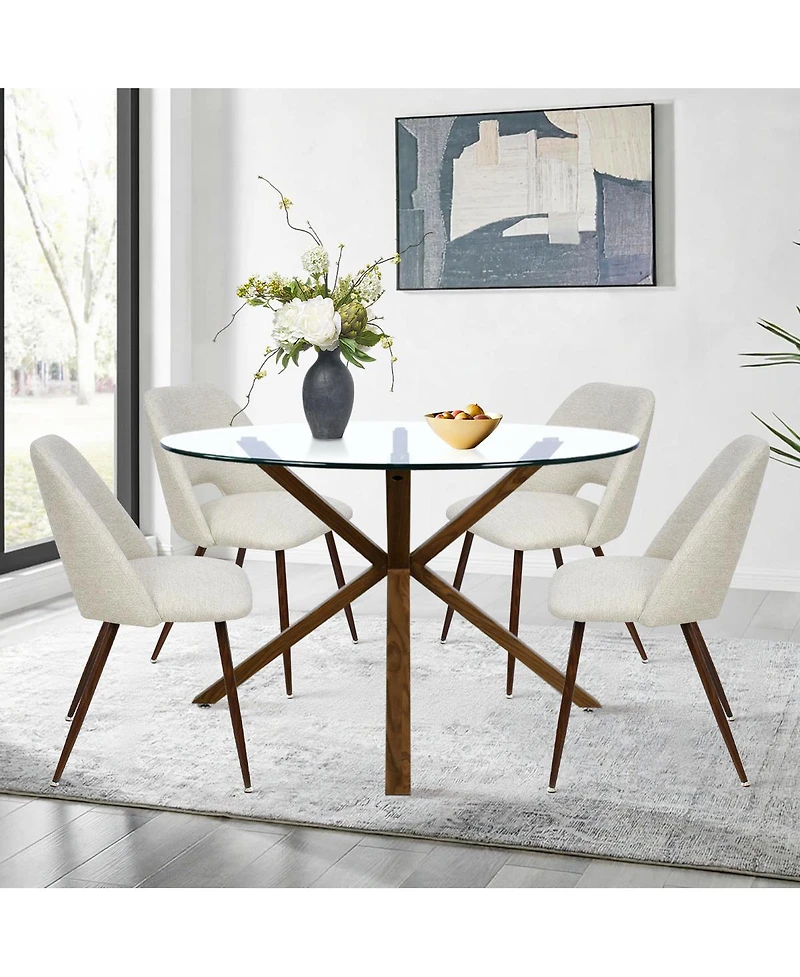 Modern 5-Piece Glass Top Dining Set for Small Spaces, 39.4'' Round Table with Fabric Chairs Kitchen or Apartment-Maison Boucle