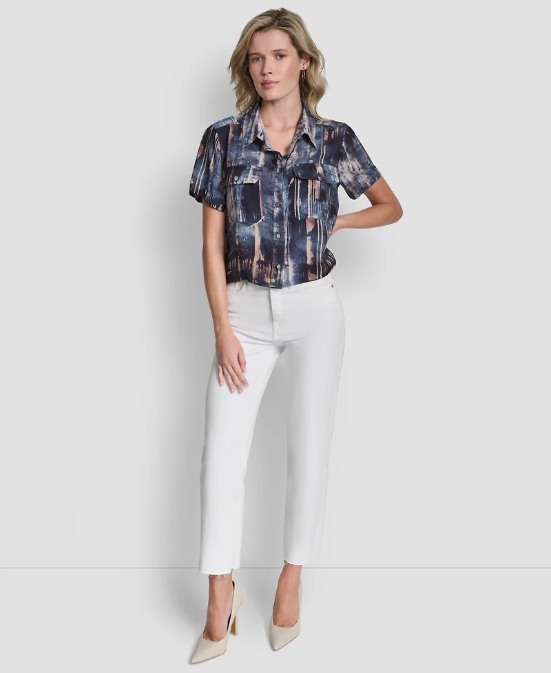 Dkny Women's Printed Camp Short Sleeve Shirt