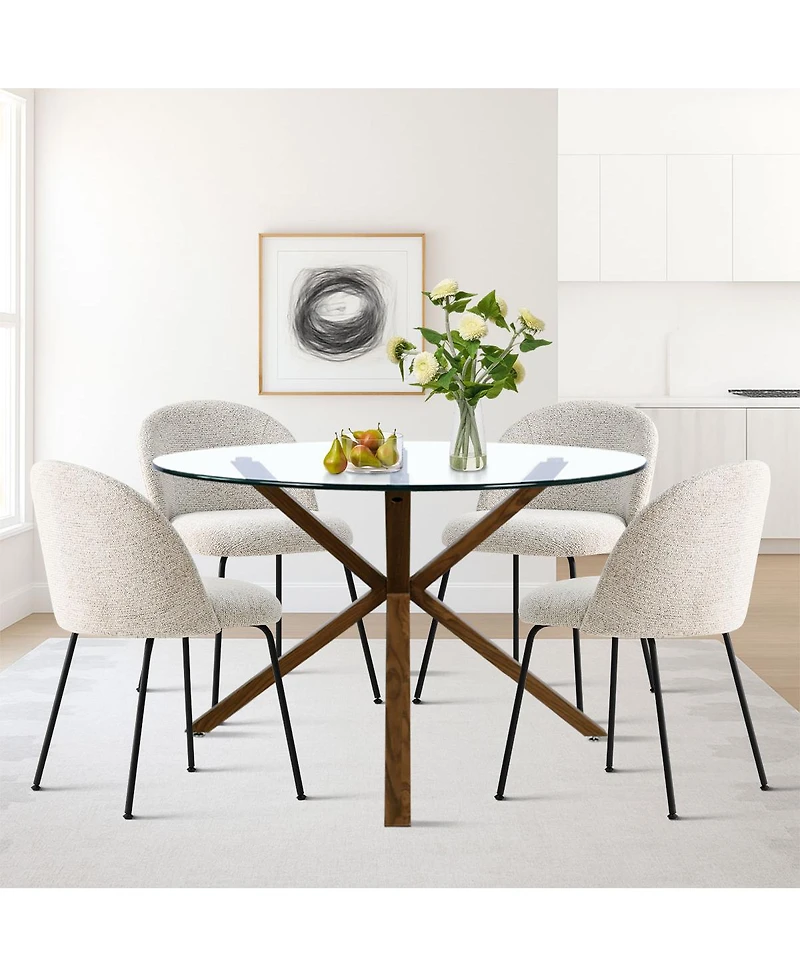 5-Piece Round Glass Dining Table Set, Modern Kitchen with Upholstered Chairs & Metal Legs-Maison Boucle