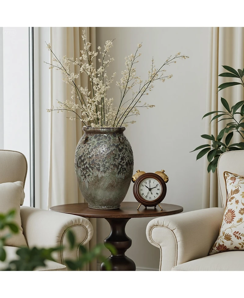 LuxenHome Antiqued Terracotta Jar Vase, Rustic 14.17-Inch Green & Brown Flower Holder