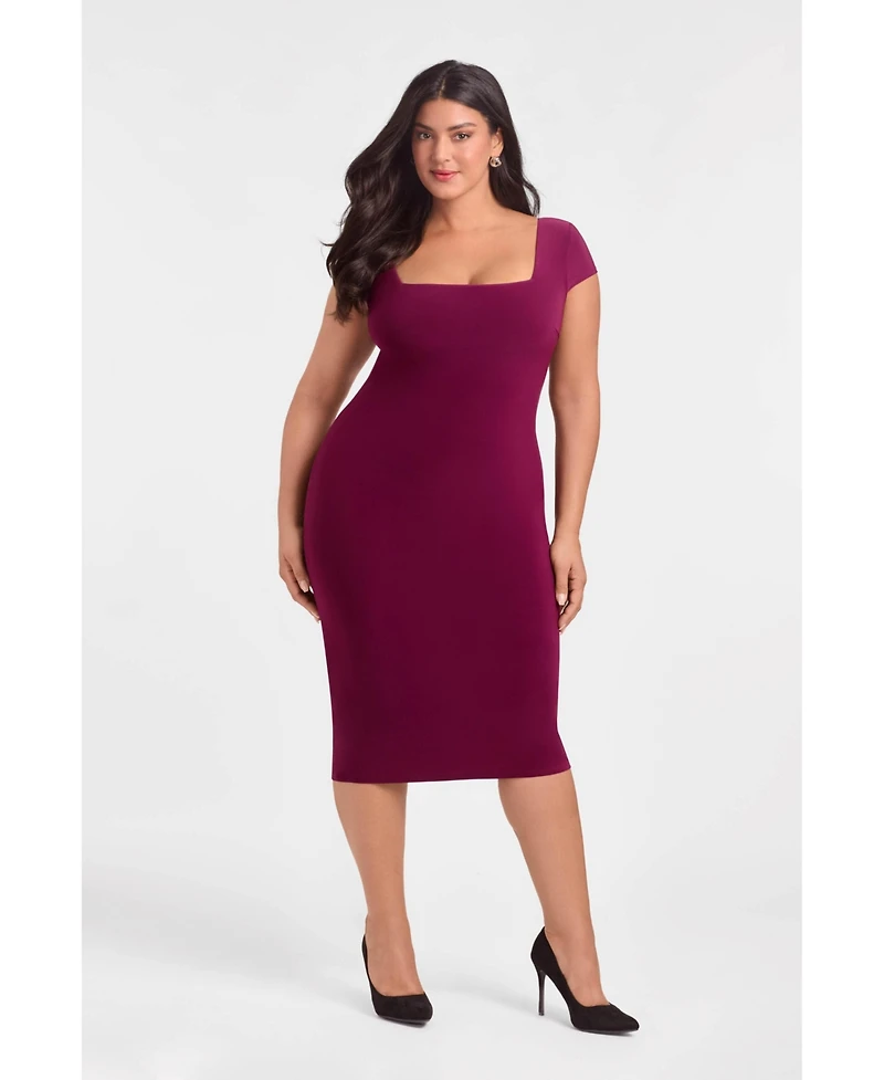 S3 Square Women's Neck Cap Sleeve Sculpting Midi Dress with Built-In Shapewear