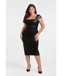S3 Apparel Women's Sculpting Shapewear Square Neck Cap Sleeve Faux Leather Midi Dress