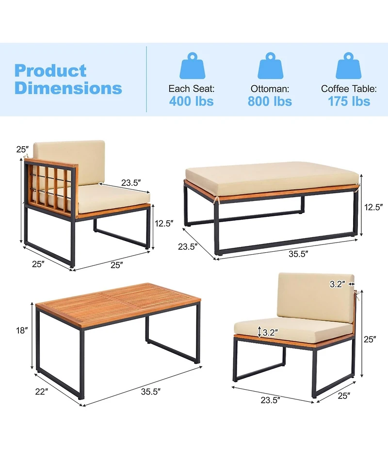 5 Pcs Patio Furniture Set Acacia Wood Sectional Set with Seat & Back Cushions