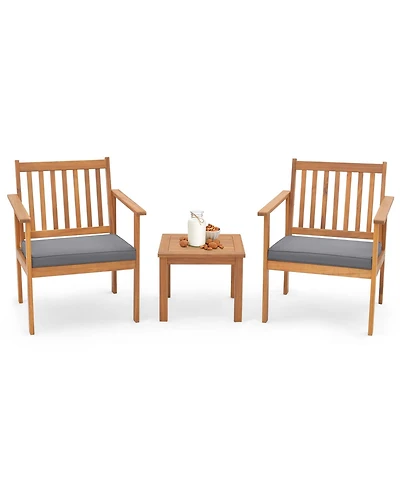Costway 3 Pcs Acacia Wood Soft Cushions Patio Furniture Set (Chairs & Coffee Table)