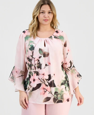 Kasper Plus Floral-Print Keyhole-Front Flutter-Sleeve Top