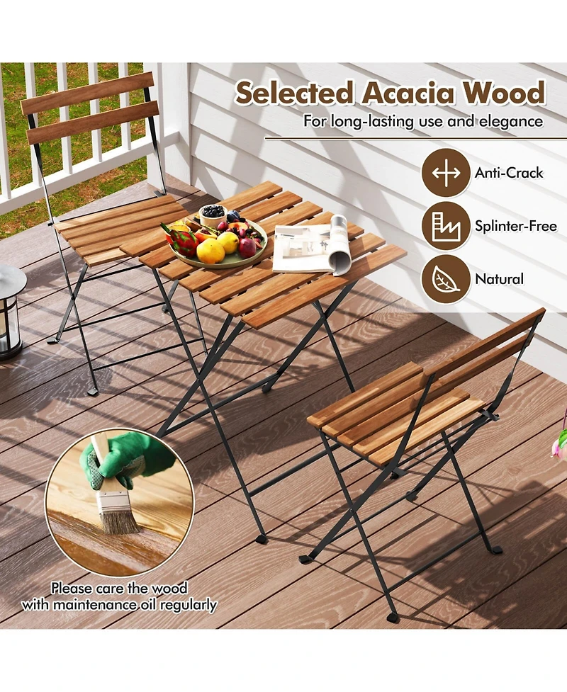 Costway 3 Pcs Patio Acacia Wood Bistro Set Table with 2 Folding Chairs Slatted Seat