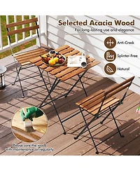 Costway 3 Pcs Patio Acacia Wood Bistro Set Table with 2 Folding Chairs Slatted Seat