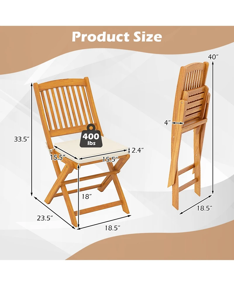 Outdoor Folding Chairs Set of 2 Acacia Wood High-Back Chair with Seat Cushions