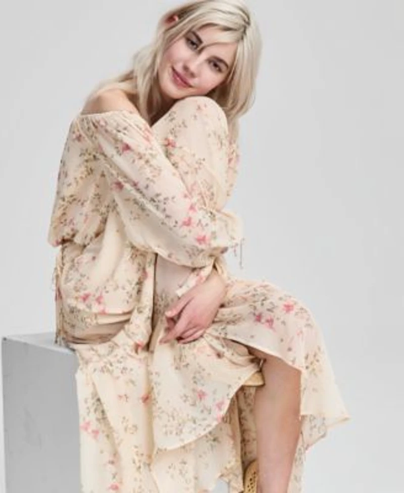 Now This Womens Off The Shoulder Floral Print Top Handkerchief Hem Midi Skirt Macys Exclusive