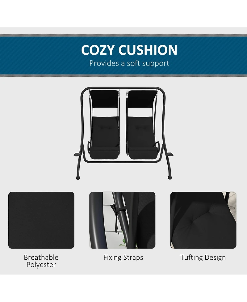 Outsunny 2-Seat Patio Swing Chair w/ Removable Canopy & Cup Holders,