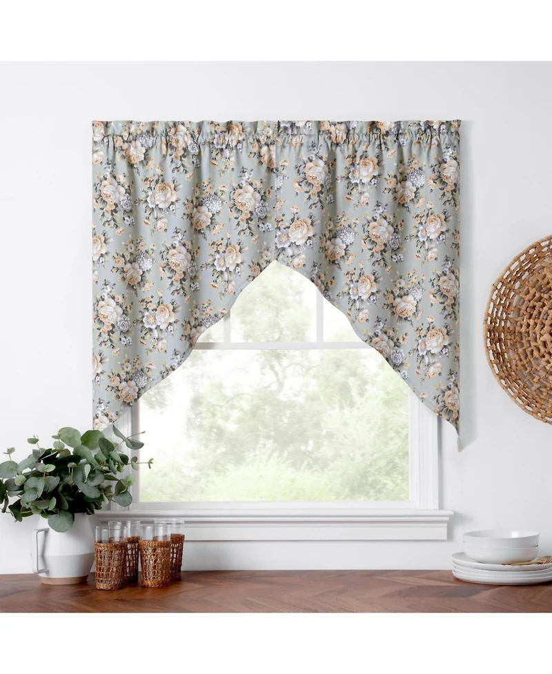 Ellis Curtain Ellis Bella Rose Stylish Medium Scale Printed Floral Pattern 1.5" Rod Pocket Tailored Swag 56"x36" Mist