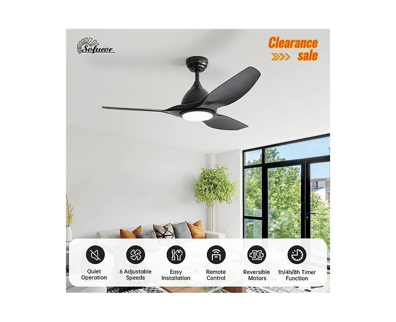 Sofucor 52-inch Modern 3-Blade Ceiling Fan with Six Speed Remote Control and Timing Function for Indoor