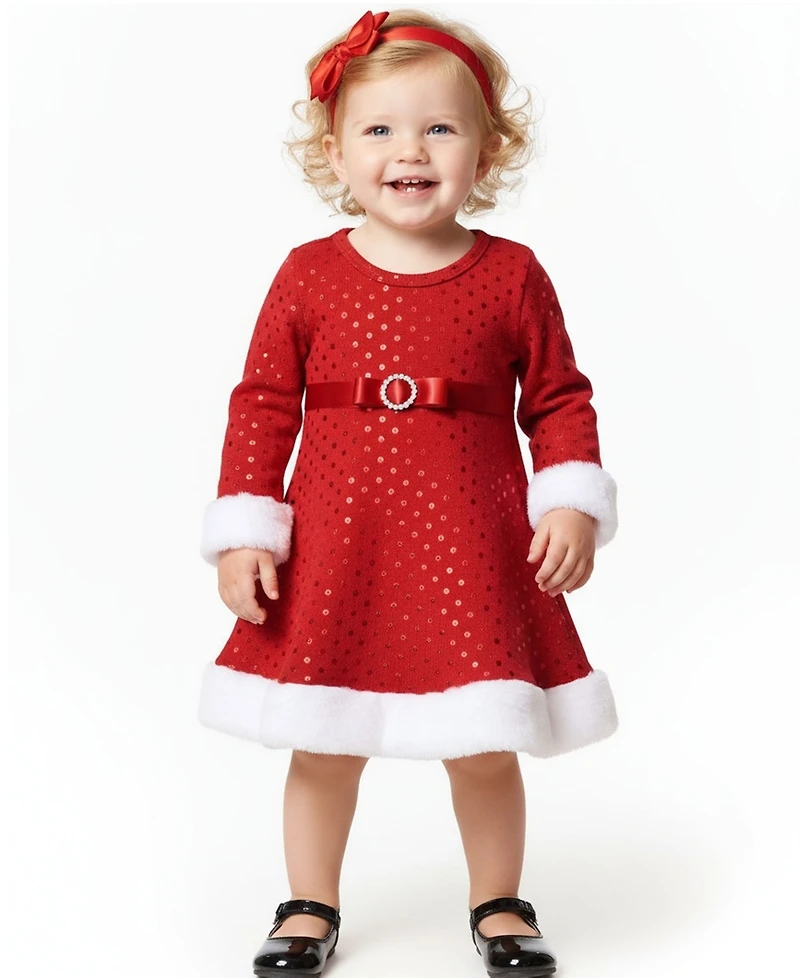 Bonnie Baby Girls Long Sleeve Foiled Dot Santa Dress