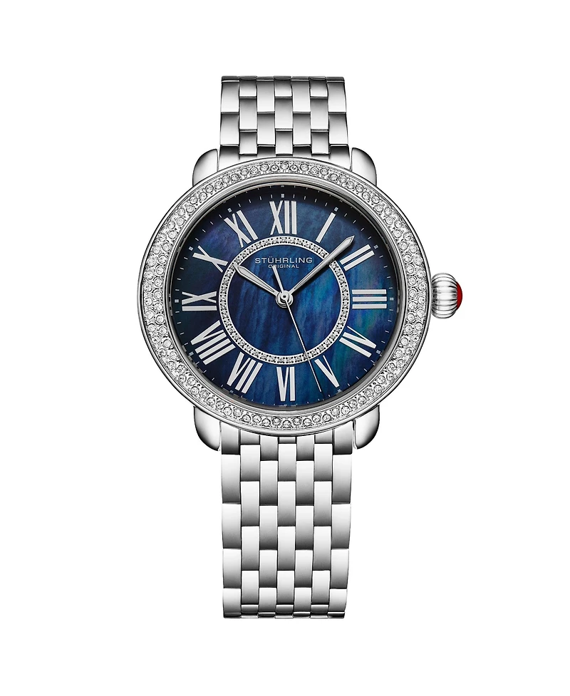 Stuhrling Regalia Women s 40mm Quartz Dress Watch – White Mother-of-Pearl Dial Crystal Bezel Stainless Steel Bracelet