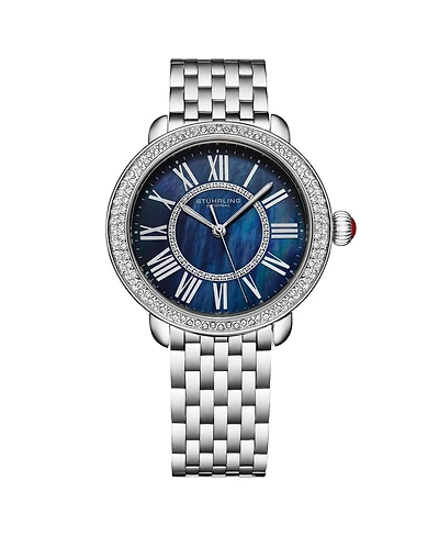 Stuhrling Regalia Women s 40mm Quartz Dress Watch – White Mother-of-Pearl Dial Crystal Bezel Stainless Steel Bracelet