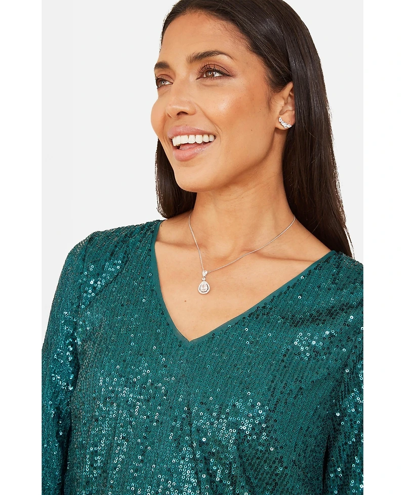 Yumi Women's Fluted Sleeve Sequin Top