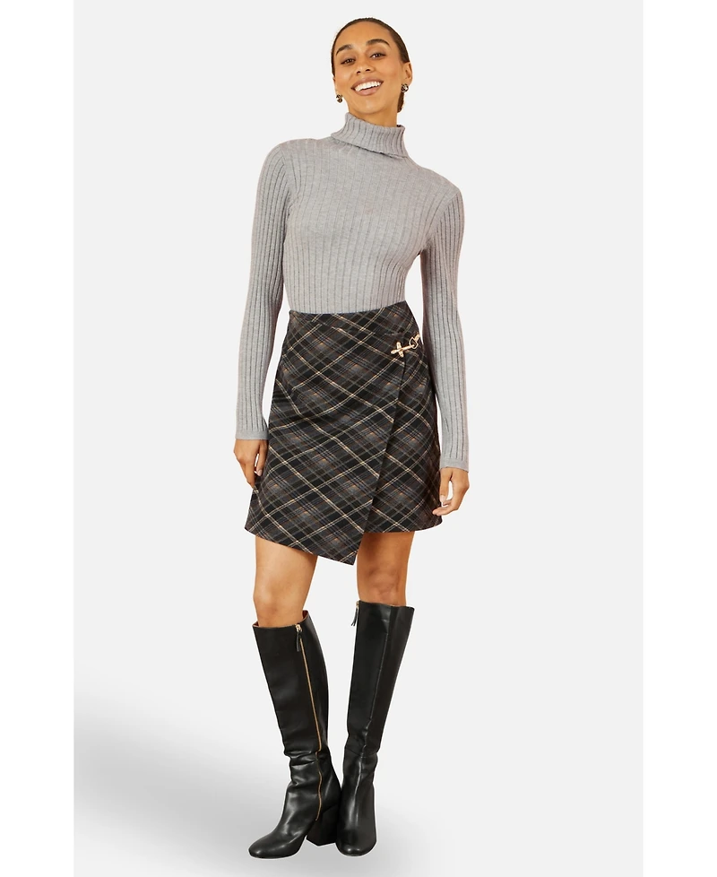 Yumi Women's Check Wrap Skirt With Buckle