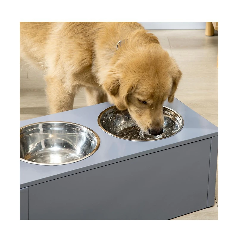 Aostirmotor 23.6 x 11.8 x 9.4 Gray Elevated Dog Bowls Raised Bowl Stand Storage 2 Stainless Steel Bowls