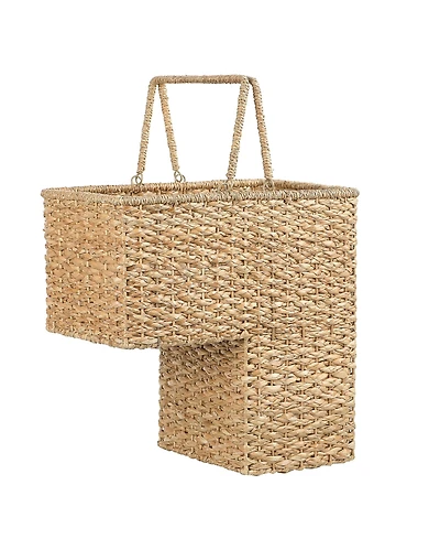 Storied Home Braided Bankuan and Rattan Stair Basket with Whitewash Finish Handles, White