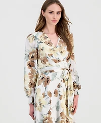 Anne Klein Petite Smocked Cuff-Sleeve V-Neck Midi Dress