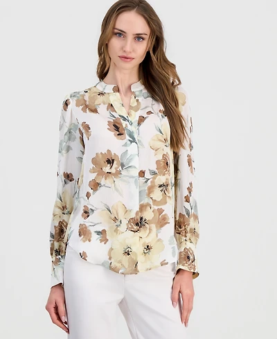 Anne Klein Women's Printed Pleated Long-Sleeve Blouse