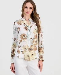 Anne Klein Women's Printed Pleated Long-Sleeve Blouse
