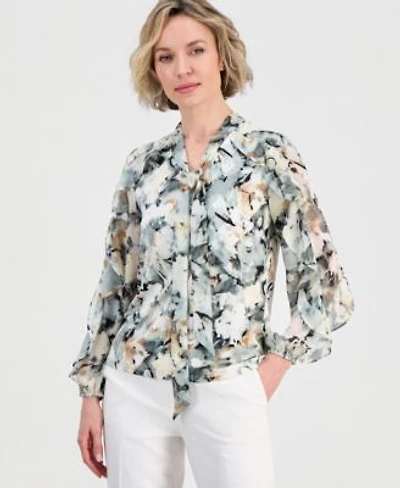 Anne Klein Womens Printed Tie Neck Ruffle Blouse