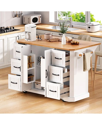 Casainc 56" Kitchen Island Cart, Drop Leaf, Power Outlet, 4 Shelves, 6 Drawers, Rubber Wood Veneer, Rolling for Dining Room