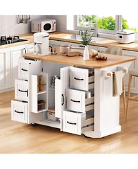 Casainc 56" Kitchen Island Cart, Drop Leaf, Power Outlet, 4 Shelves, 6 Drawers, Rubber Wood Veneer, Rolling for Dining Room