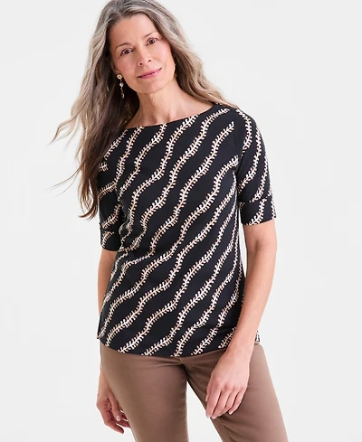 Style & Co Women's Boat-Neck Elbow Sleeve Cotton Top, Exclusively at Macy's