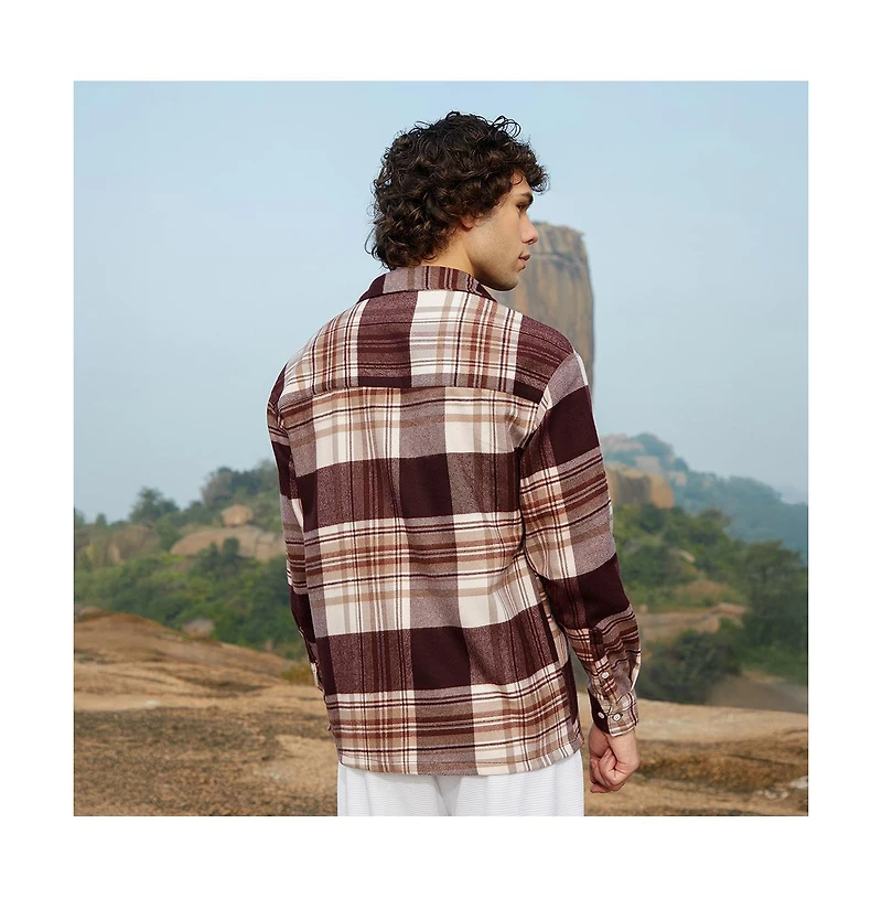 Campus Sutra Men's Mocha Brown Plaid Oversized Shirt