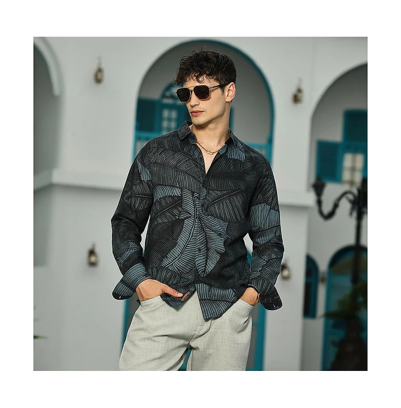 Campus Sutra Men's Viridian Green Foliage-Outline Shirt