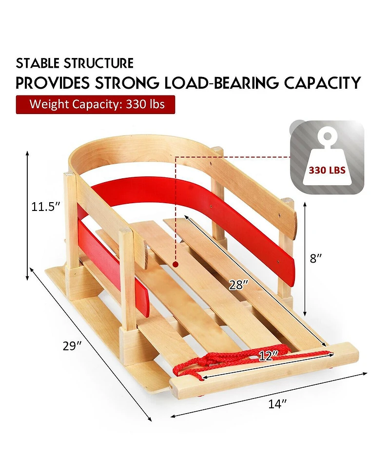 Hongge Wooden Snow Sled for Kids Classic Pull Sled with Backrest and Rope