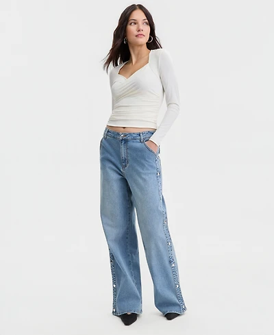Bar Iii Women's High Rise Studded Wide Leg Jeans, Macy's Exclusive